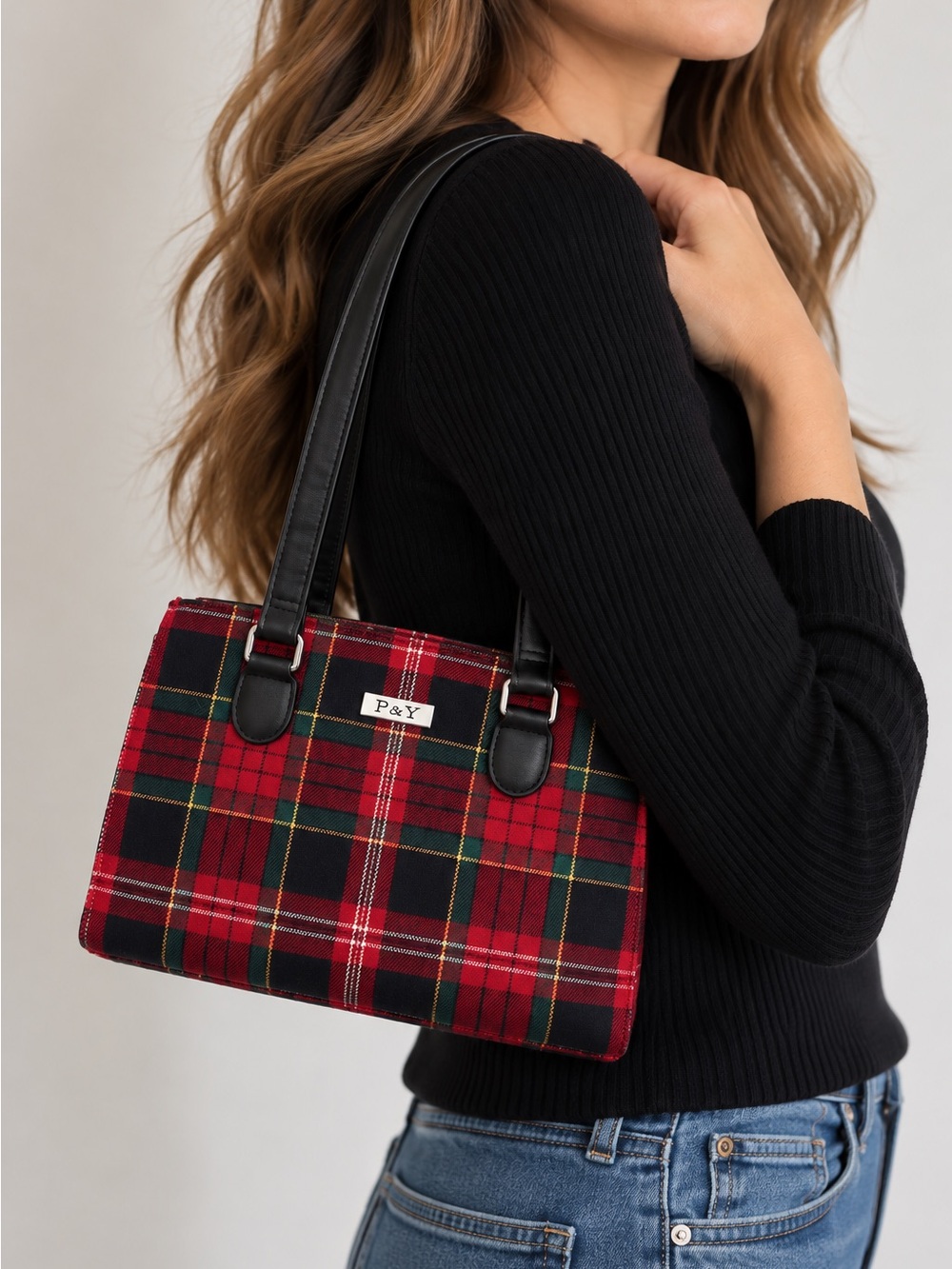 P&Y Red Tartan Plaid Holiday Shoulder Bag Old Money Christmas Handbag